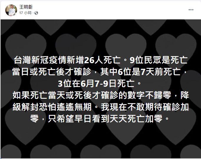 ▲王明鉅直言，「如果死亡當天或死後才確診的數字不歸零，降級解封恐怕遙遙無期。」（圖／翻攝自王明鉅臉書）