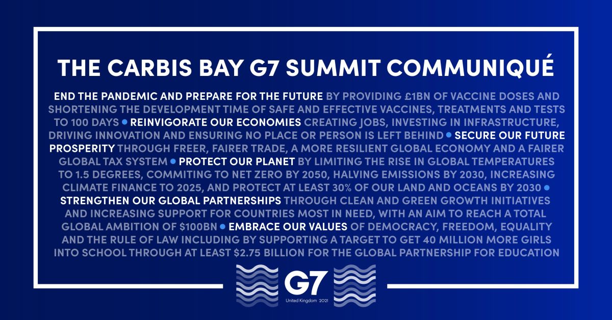 ▲G7峰會結束後，公報關注內容除了關著新冠肺炎疫情，還有台海局勢、新疆、香港人權議題，以及降低碳排放、兒童教育等問題。（圖／翻攝自G7官方Twitter）