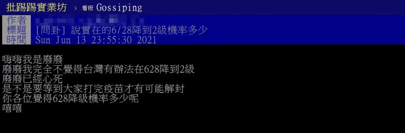 ▲網友好奇詢問「6/28降到2級機率多少？」（圖／翻攝PTT）