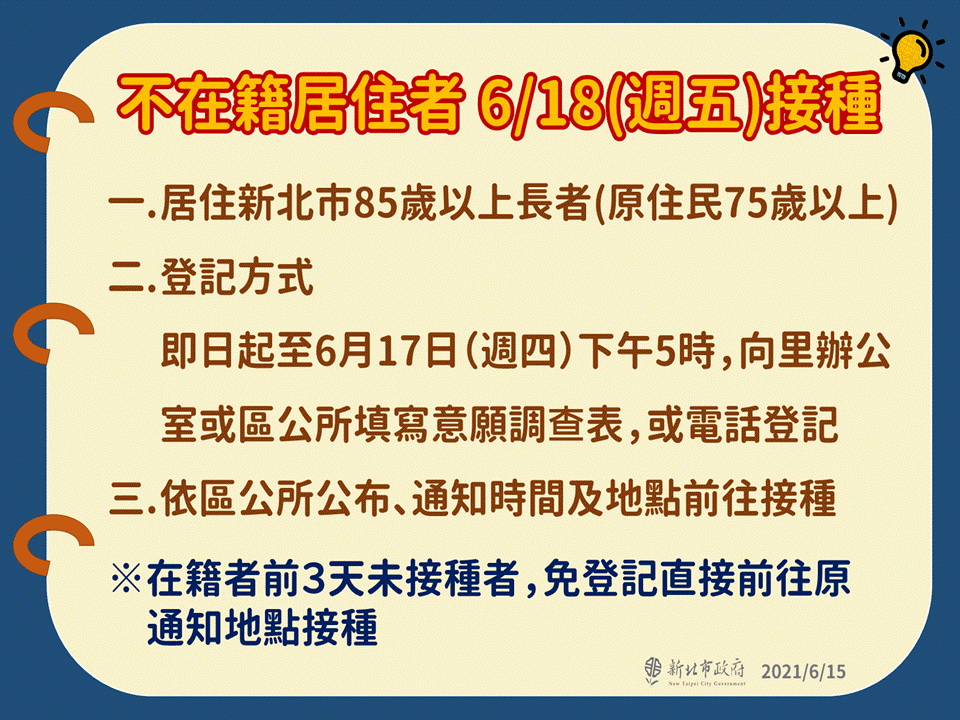 ▲新北市不在籍的長者，即日起至6月17日的下午5點，可向里辦公室、區公所填寫意願調查表或電話登記。（圖／新北市政府提供）