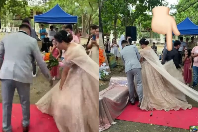 ▲從新娘裙底鑽出的男子，其實是婚禮策畫師羅爾，為了避免婚紗被強風吹亂，才會鑽進婚紗裡面幫忙壓住裙擺。（圖／翻攝自《Lunesa