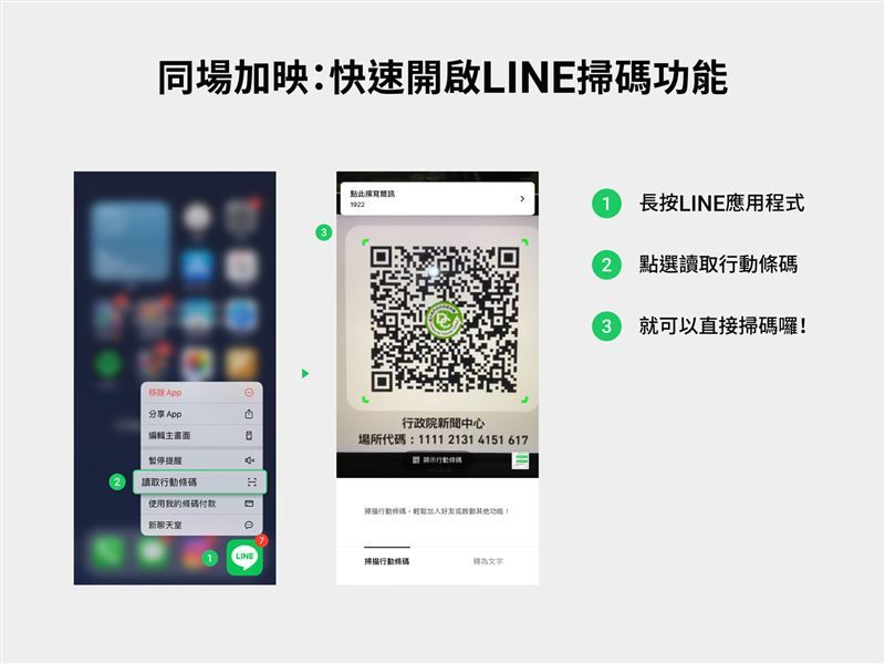 ▲或者長按桌面上LINE圖案,也會跑出掃描條碼的選項,進入店家變更快速。(圖/LINE提供)