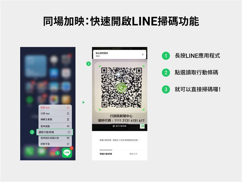 ▲或者長按桌面上LINE圖案，也會跑出掃描條碼的選項，進入店家變更快速。（圖/LINE提供）