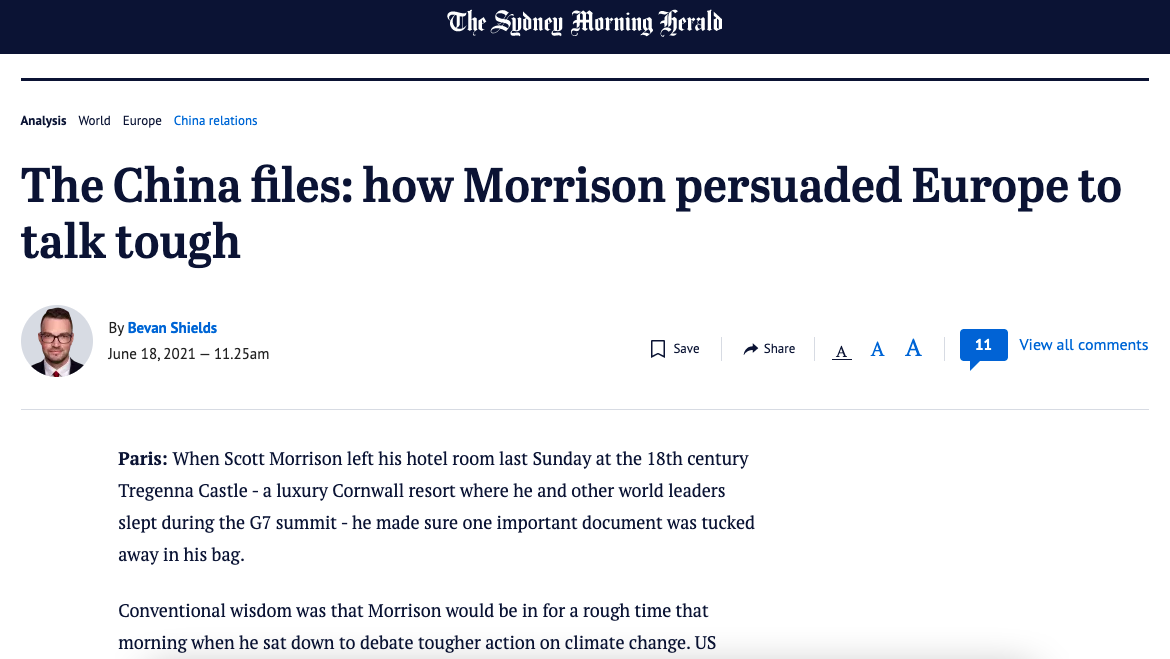 ▲澳洲媒體報導，總理莫里森近日出訪歐洲、出席G7時，隨身攜帶一份中國批評澳洲的文件，向各國展示中國對澳洲的惡劣行徑。（圖／翻攝自雪梨晨驅報）