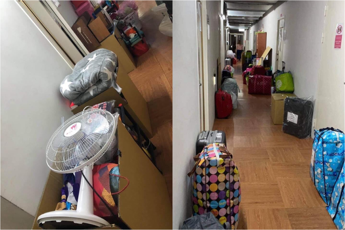 ▲移工私人物品被打包後、清出房間棄置於走廊。（圖／民眾提供）