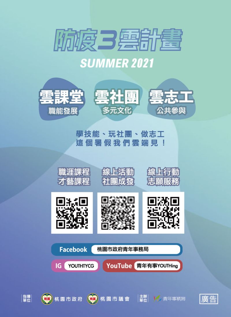 ▲桃園青年局應變推出「防疫三雲計畫」,針對青年職能課程、社團活動、志工服務三大面向,轉以雲端計畫開展「雲課堂」、「雲志工」、「雲社團」三雲計畫。(圖/桃園市政府青年局提供)