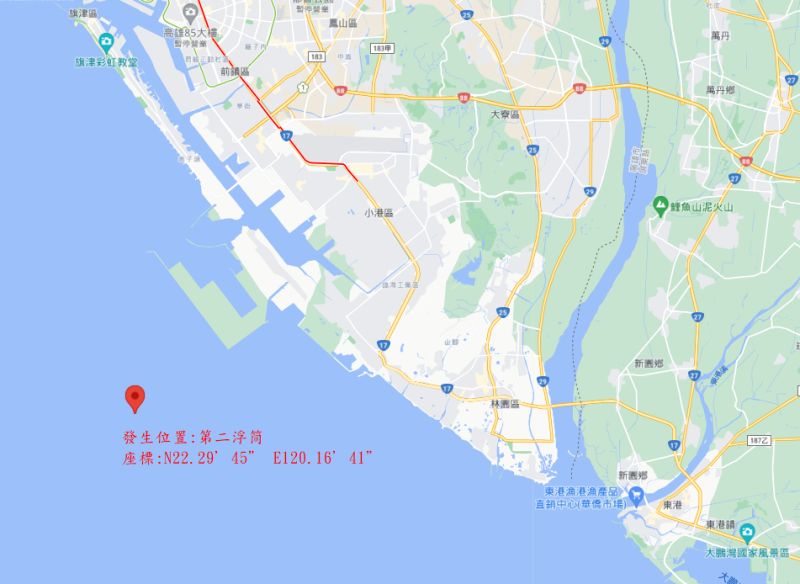 ▲發生油污洩漏事件的台灣中油公司煉製事業部大林煉油廠高雄港外海2號浮筒位置。(圖/海洋保育署提供)