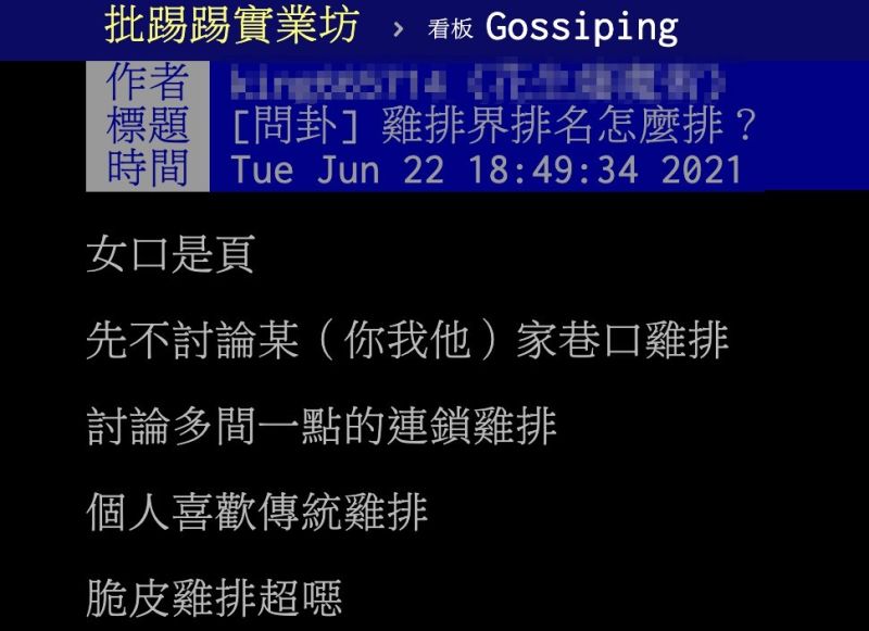 ▲該名網友在PTT以「雞排界排名怎麼排?」為題發文。(圖/翻攝自PTT)