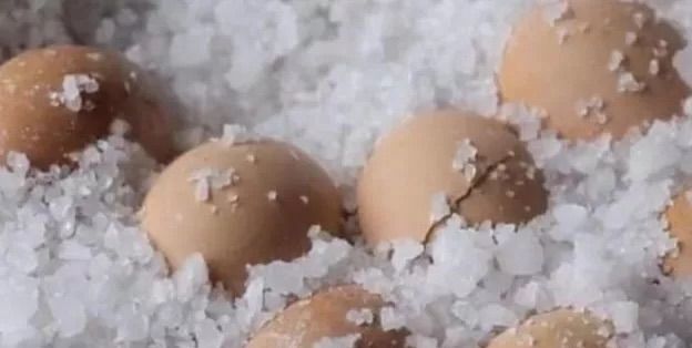▲把盛出來的那一部分食鹽倒雞蛋上面，把雞蛋蓋緊不留縫隙。（示意圖／翻攝自狐搜號《小乾倩倩的遊戲的美食》）
