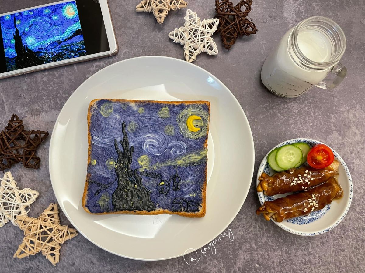 ▲有位女網友在吐司上重現梵谷的名畫，沒想到成品讓網友們全跪了。（圖／許祐甄網友授權提供 ） 