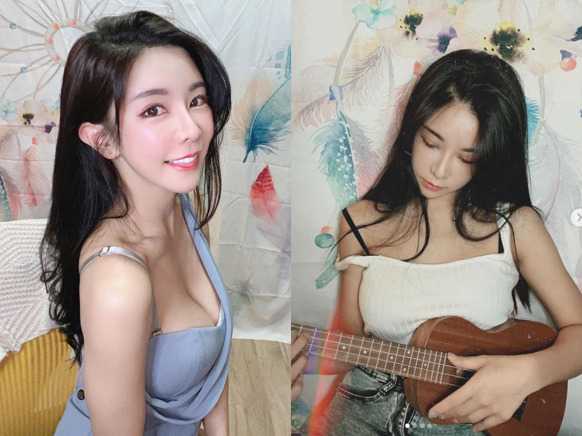 ▲啦啦隊女神巫苡萱穿著火辣，在家彈烏克麗麗。（圖／翻攝巫苡萱IG）