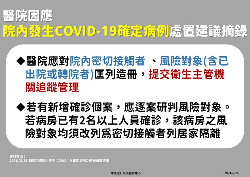 ▲中央流行疫情指揮中心說明醫院因應院內新冠肺炎確定病例的應變處置建議（圖／指揮中心提供）