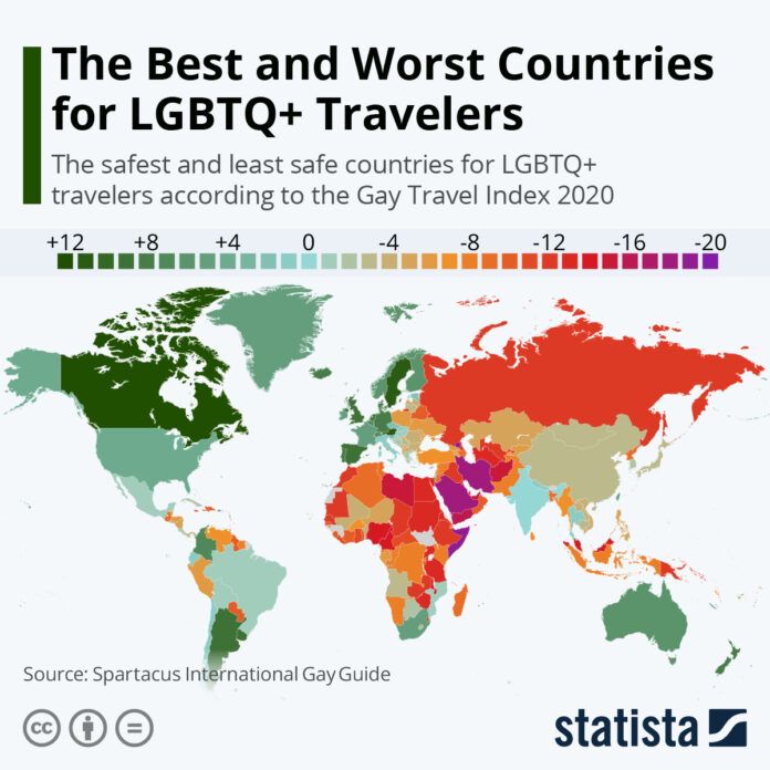 ▲近期一張「LGBTQ+度假旅行危險度世界地圖」顯示了台灣如何為亞洲及其他地區的女同性戀、男同性戀、雙性戀、變性人、雙性人和酷兒提供人權指標。(圖/擷取自Statista網站)