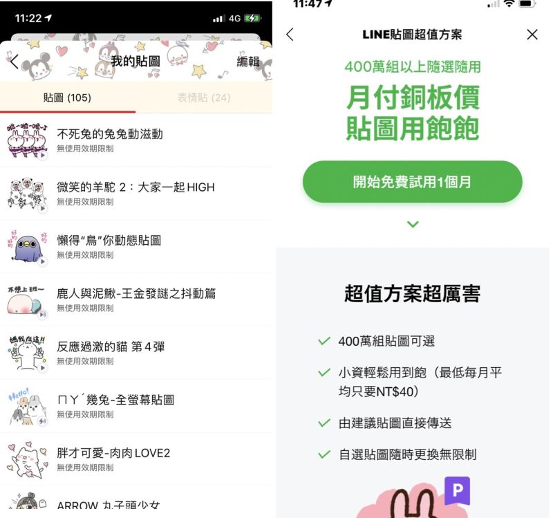 ▲網友曬出自己貼圖戰績,高達107組,但LINE近日推出小資貼圖訂閱制度,讓她一秒崩潰。(圖/LINE社群交友臉書社團)
