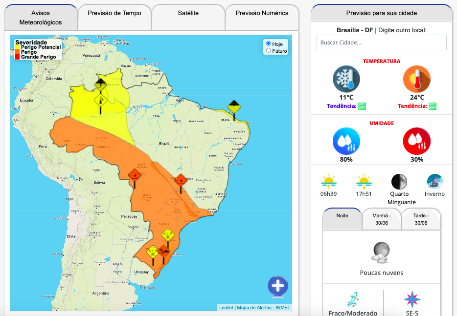 ▲來自阿根廷的強烈南極性冷氣團襲擊巴西，為南部、包括聖保羅在內的東南部和中西部帶來霜雪和低溫，甚至氣候溫和的北部和東北部局部地區也受到寒流影響。（圖／翻攝自巴西國家氣象研究所）
