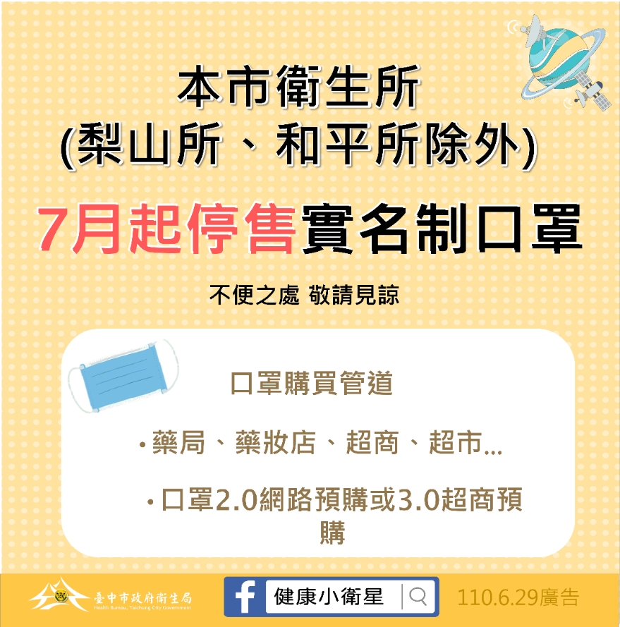 ▲台中市配合中央流行疫情指揮中心政策，明(1)日起中市28家衛生所停售實名制口罩(圖／衛生局提供2021.6.30)