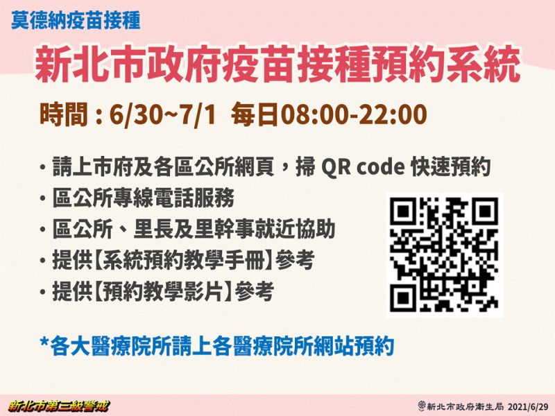 ▲新北市宣布，民眾從30日的早上8點起，透過市府或區公所網頁的「QR