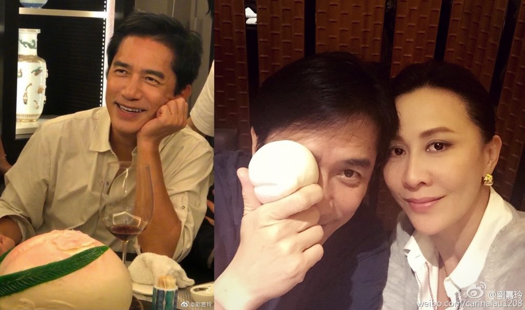 ▲劉嘉玲貼出梁朝偉59歲慶生照（左圖），他臉部紅潤疑似喝酒微醺的樣子。（圖／劉嘉玲微博）