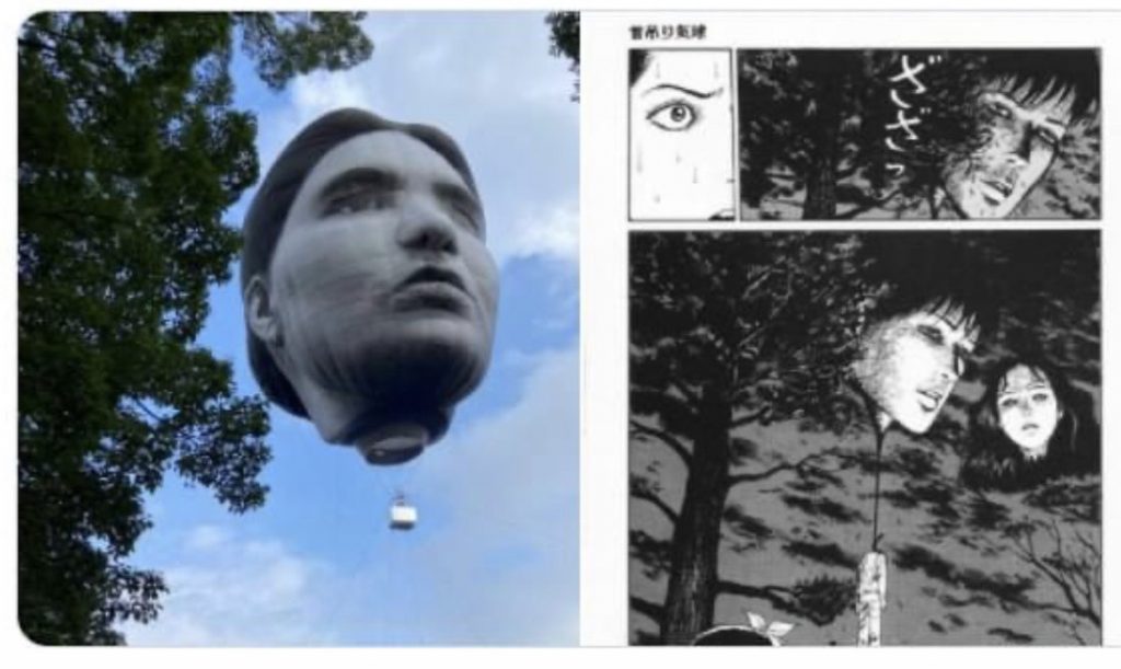 東京上空漂浮的人頭熱氣球，重現《人頭氣球》的恐怖場景！(引用MAKIDASHIT@Twittwe)