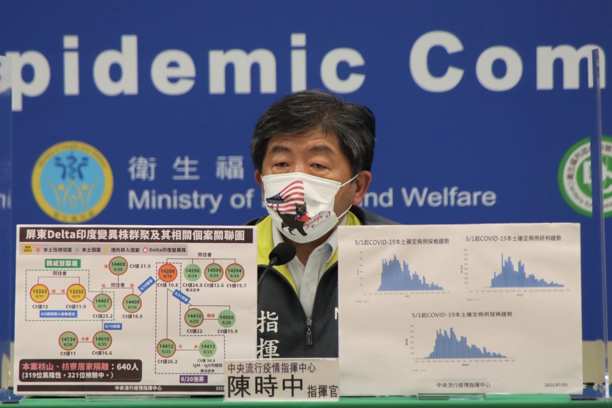▲中央流行疫情指揮中心指揮官陳時中今（1）出席記者會，說明屏東縣Delta變異株群聚案。（圖／指揮中心提供）