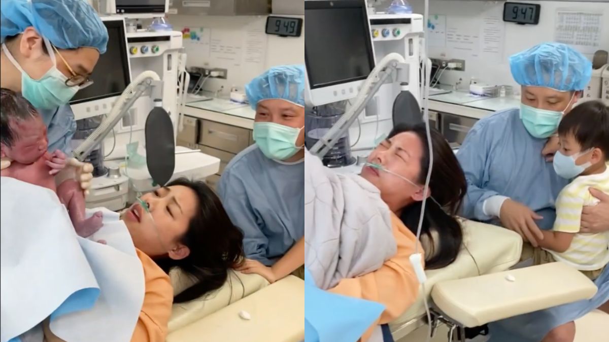 ▲林可彤（橘衣）4日首度曝光生二寶影片，過程中不斷大吼哭叫。（圖／翻攝林可彤Hope Lin臉書）