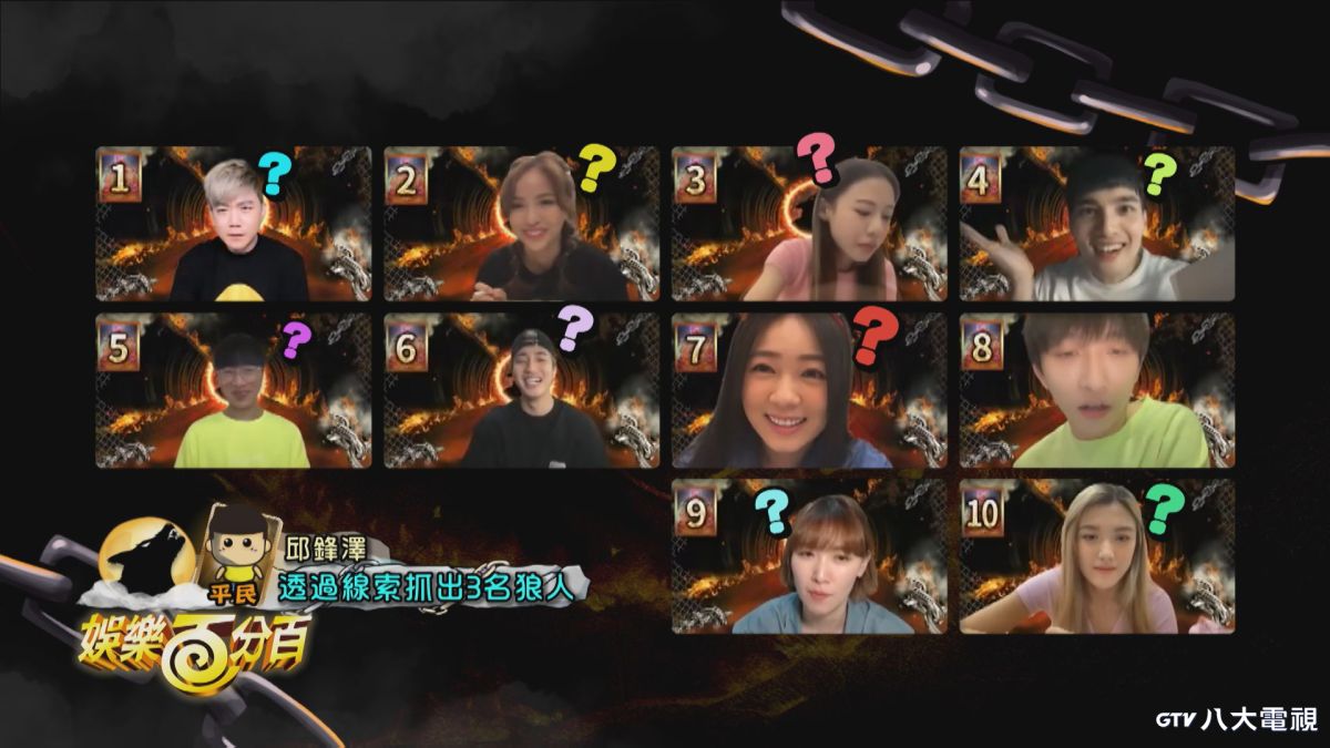 ▲《娛樂百分百》推出線上版「凹嗚狼人殺」，左上起為李岳，凱希、紀卜心、黃偉晉、賴晏駒、婁峻碩、詹子晴、邱鋒澤、李懿、艾莉兒。（圖／八大提供）