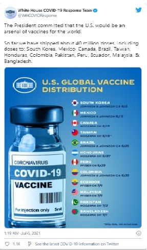 ▲此推文描述美國總統拜登將美國疫苗與世界各國分享的堅定意志，推文將中華民國國旗與其他國家國旗並列。(圖/擷取自美國白宮COVID-19應變小組推特)