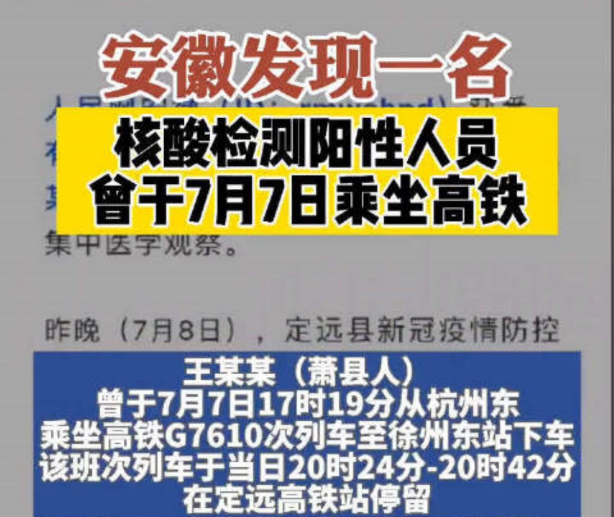 ▲中國安徽省8日揪出1名陽性患者，確診前還曾搭乘高鐵途經江蘇多地。（圖／翻攝自新浪）