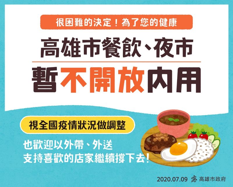 ▲高雄市公布室內外場域的微解封指引目前暫時不開放餐廳內用,先觀察一段時間再開放。(圖/高市府提供)