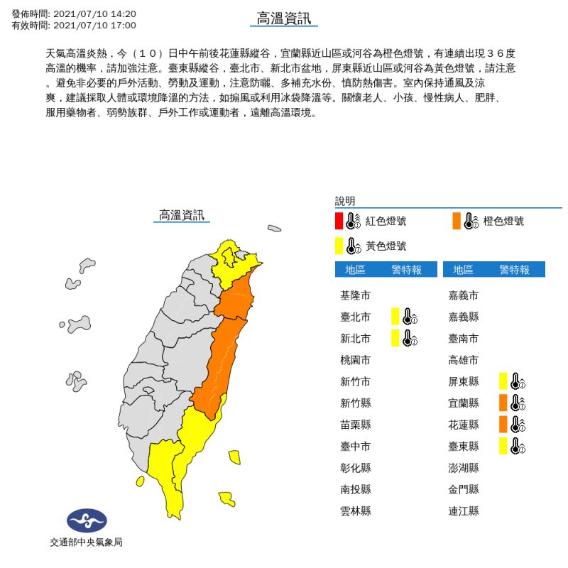 ▲中央氣象局針對6縣市發布高溫資訊。（圖／中央氣象局提供）