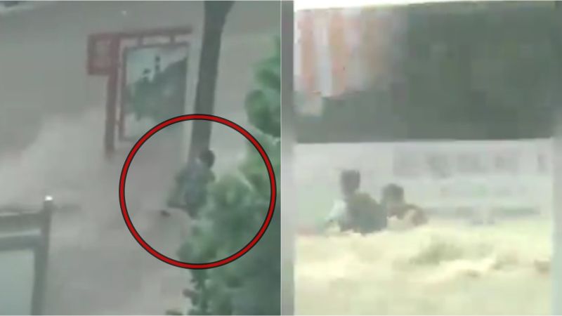 ▲河北暴雨成災、街道淹成河,民眾抱路樹求生。(圖/翻攝自《香港01》)