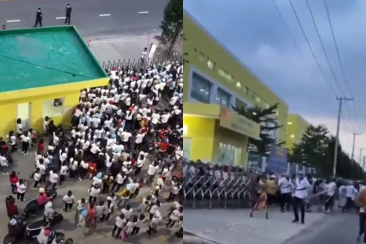 ▲越南東南部省份的台資企業安普新國際有限公司（Ampacs International Company Limited）近期傳出有員工確診，據悉數百名聽聞消息後在驚嚇之餘推開公司鐵門逃跑，畫面和影片都被錄下並散佈於社群平台。（圖／翻攝自推特）