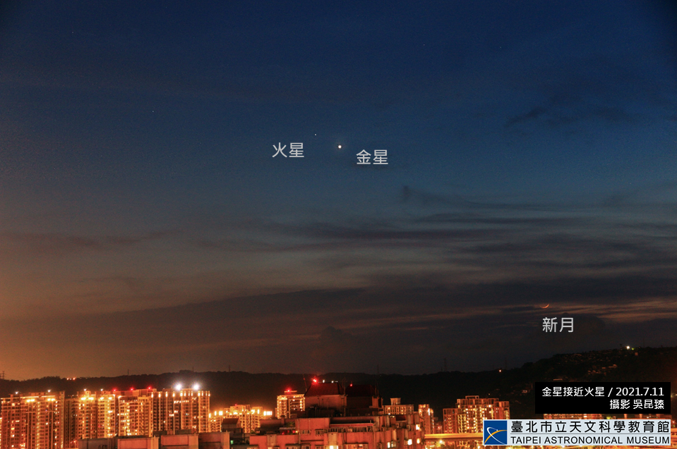 ▲台北天文館指出，今（13）日15時將發生「火星合金星」，火星在金星南方0.49度處，民眾可於日落後朝向西方低空無遮蔽處觀看，如果使用小型天文望遠鏡，還能看到金星如盈凸月的身影。（圖/台北天文館提供）