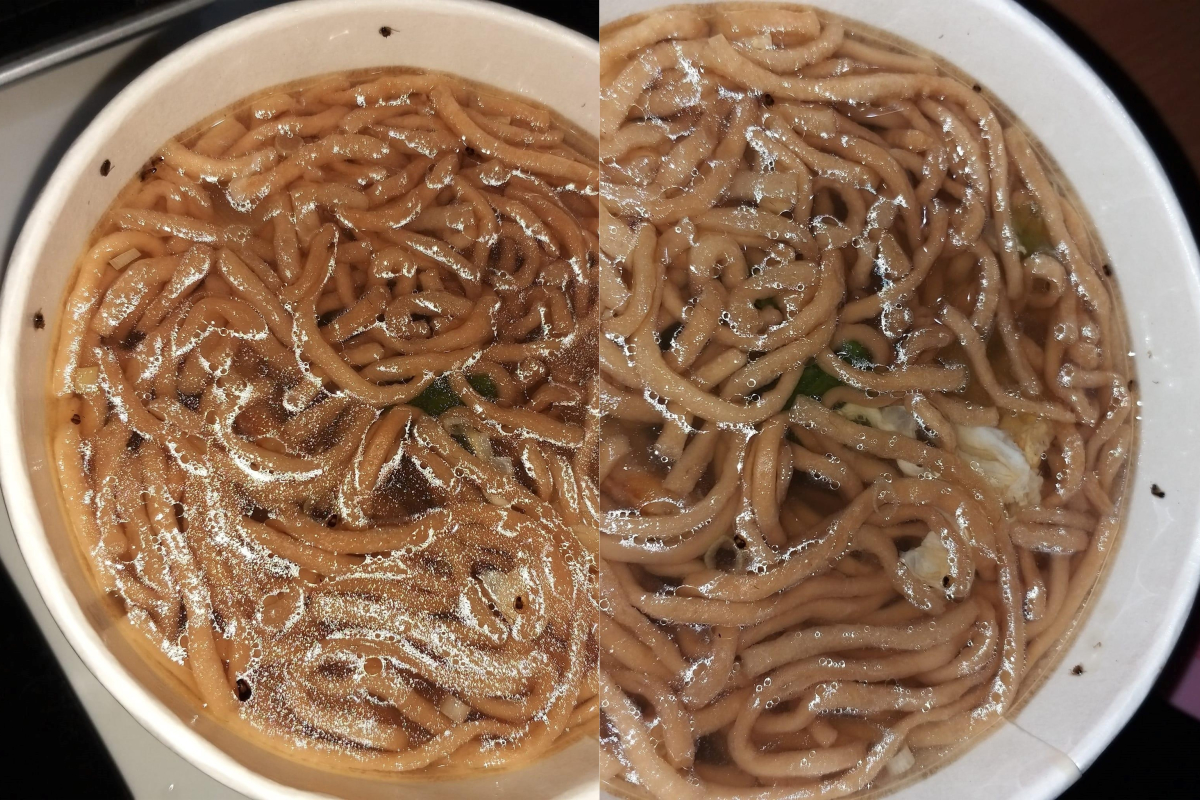 ▲有網友在吃鍋燒意麵時，看到碗裡浮現黑色小點，真相讓她嚇歪。（圖／翻攝自《爆料公社》 ）