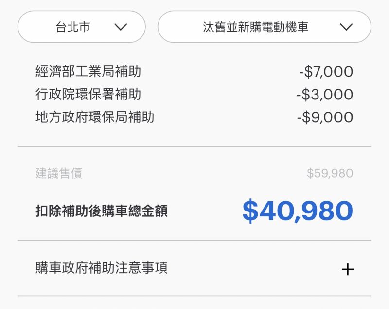 ▲網友發現電動機車的補助高於油車不少。(圖/)