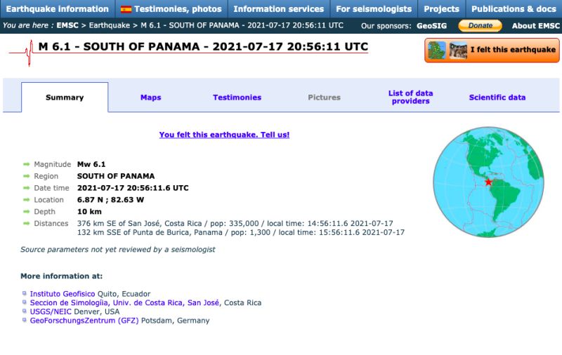 巴拿馬南方規模6.2強震　深度僅10公里
