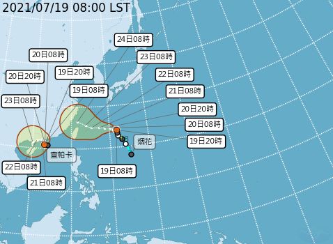 ▲「查帕卡」與「烟花」颱風預測路徑圖。（圖/氣象局提供）
