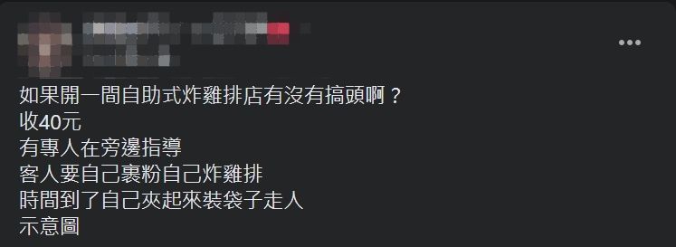 ▲網友好奇詢問「如果開一間自助式炸雞排店有沒有搞頭啊？」（圖／翻攝爆廢公社公開版臉書）