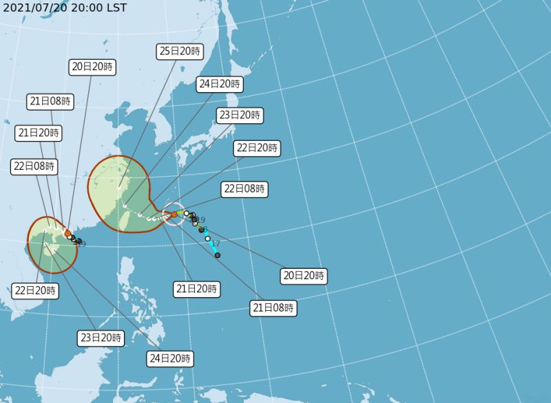 ▲氣象局表示，烟花颱風20日20時增強為中度颱風。（圖／取自中央氣象局）