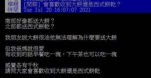 ▲近日有網友在PTT詢問大家「會喜歡收到大餅還是西式餅乾？」結果全場答案一面倒。（圖／翻攝自PTT）