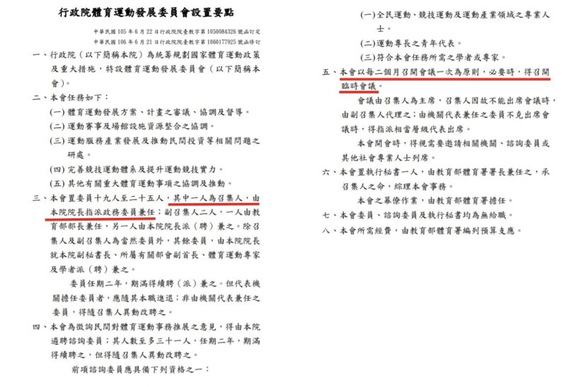 ▲行政院體育運動發展委員會設置要點(圖/洪孟楷辦公室提供。2021.7.21)