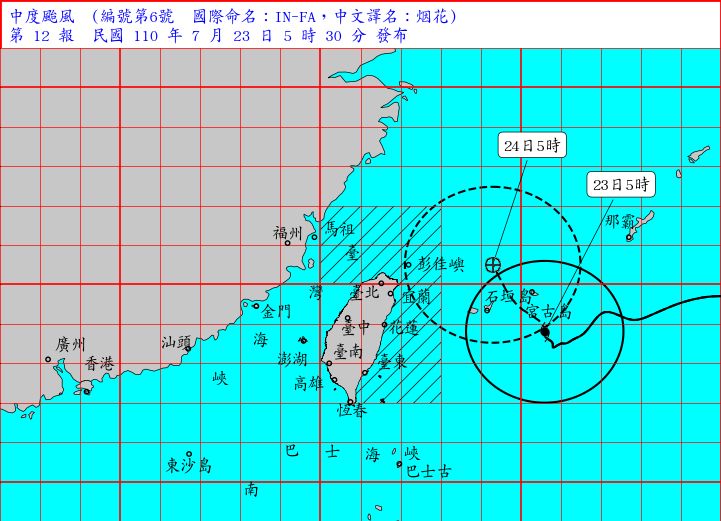 ▲「烟花」颱風23日5時的中心位置在北緯 23.8 度，東經 125.6 度，即在臺北的東南東方約 440 公里之海面上。（圖/氣象局提供）