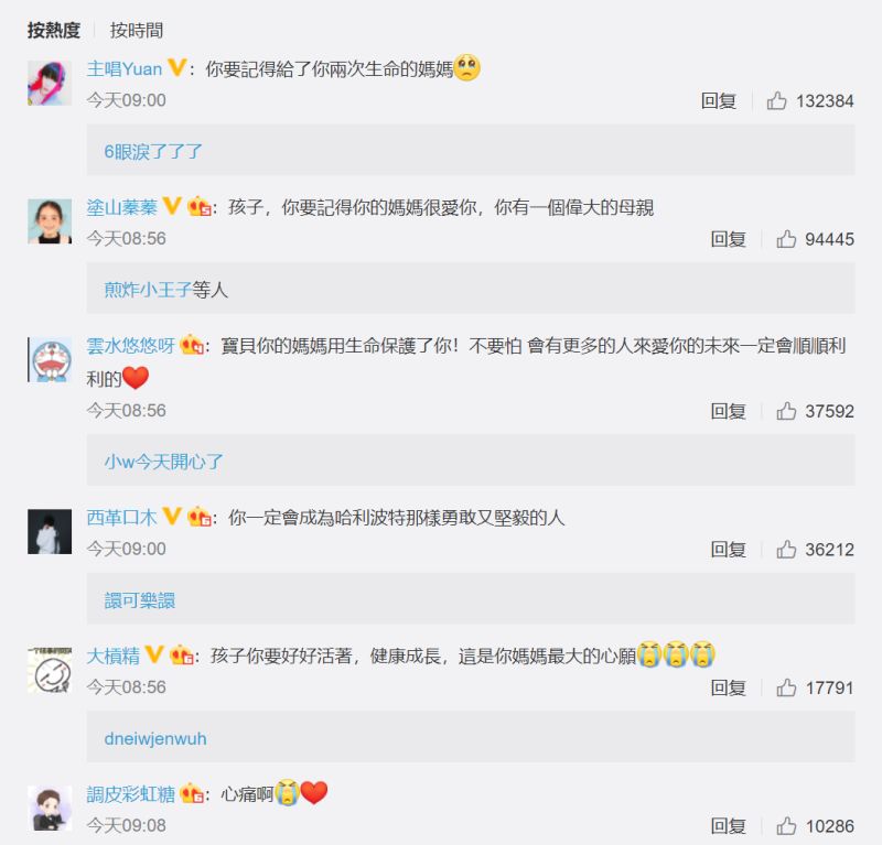▲許多中國網友都被母愛的偉大感動,並祝福孩子能平安成長。(圖/翻攝自微博)