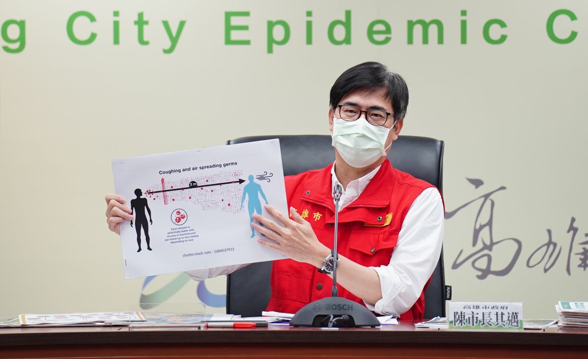 ▲陳其邁說，從模擬咳嗽或空氣的散播的分布圖來看，假如一個人咳嗽，飛沫散布距離可能會達到兩米這麼遠，假如多了一個隔板，就可以非常有效阻絕飛沫傳染。（圖／高雄市政府提供）