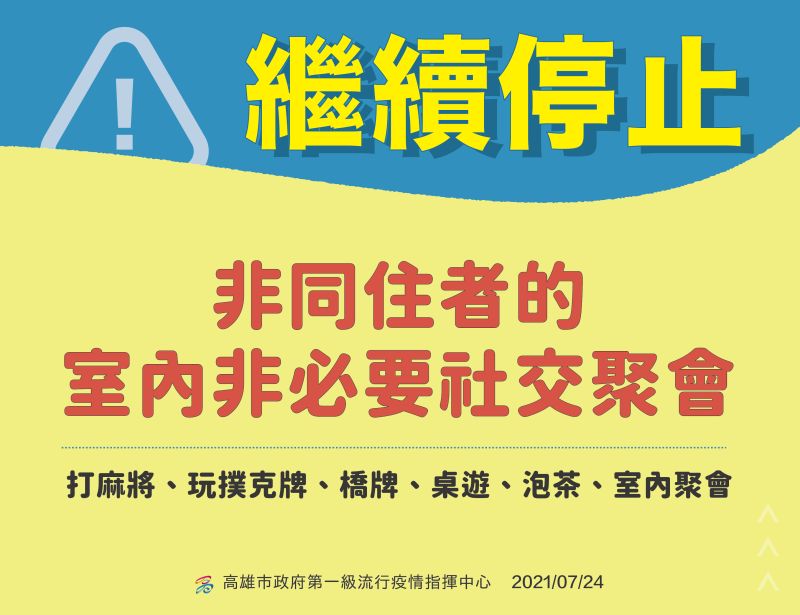 ▲非同住者的室內非必要聚會,如打麻將、玩撲克牌、桌遊、泡茶等,高雄市仍然一律禁止。(圖/高雄市政府提供)