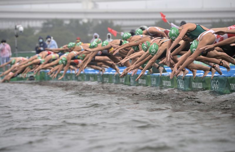 ▲東奧鐵人三項比賽在「台場海濱公園」舉行，其中游泳項目舉行於東京灣，不過其水質備受討論。（圖/達志影像/美聯社）