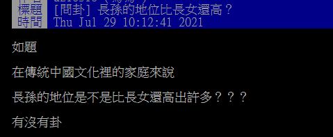 ▲一名網友在PTT提問「長孫的地位比長女還高?」掀起熱論。(圖/翻攝自PTT)