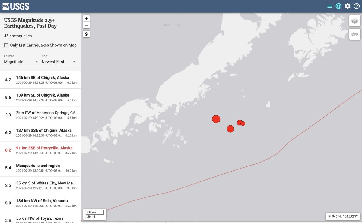 ▲美國阿拉斯加半島發生芮氏規模8.2地震後，隨後又發生兩起規模高達6.2、5.6的餘震。（圖／翻攝自美國地質調查中心）