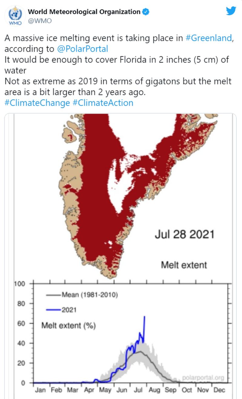 ▲科學家紀錄到格陵蘭島近期的融冰量不太尋常。（圖／翻攝自推特）
