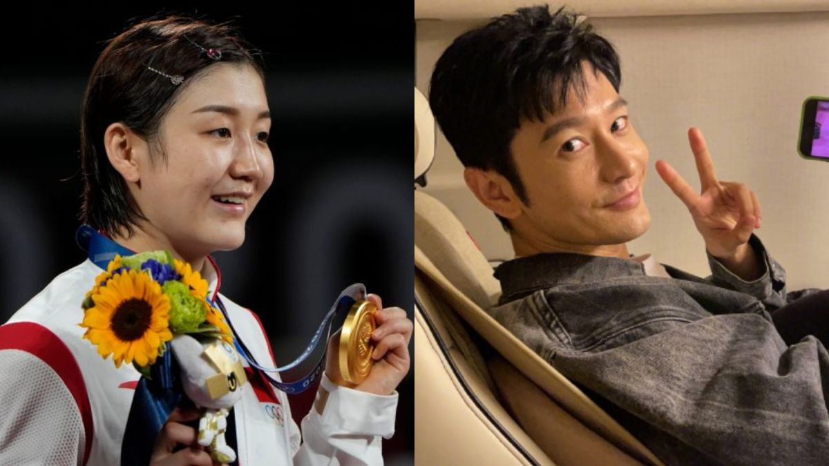 ▲陳夢（左圖）勇奪桌球女單金牌，表哥黃曉明道賀。（圖／美聯社、黃曉明微博）